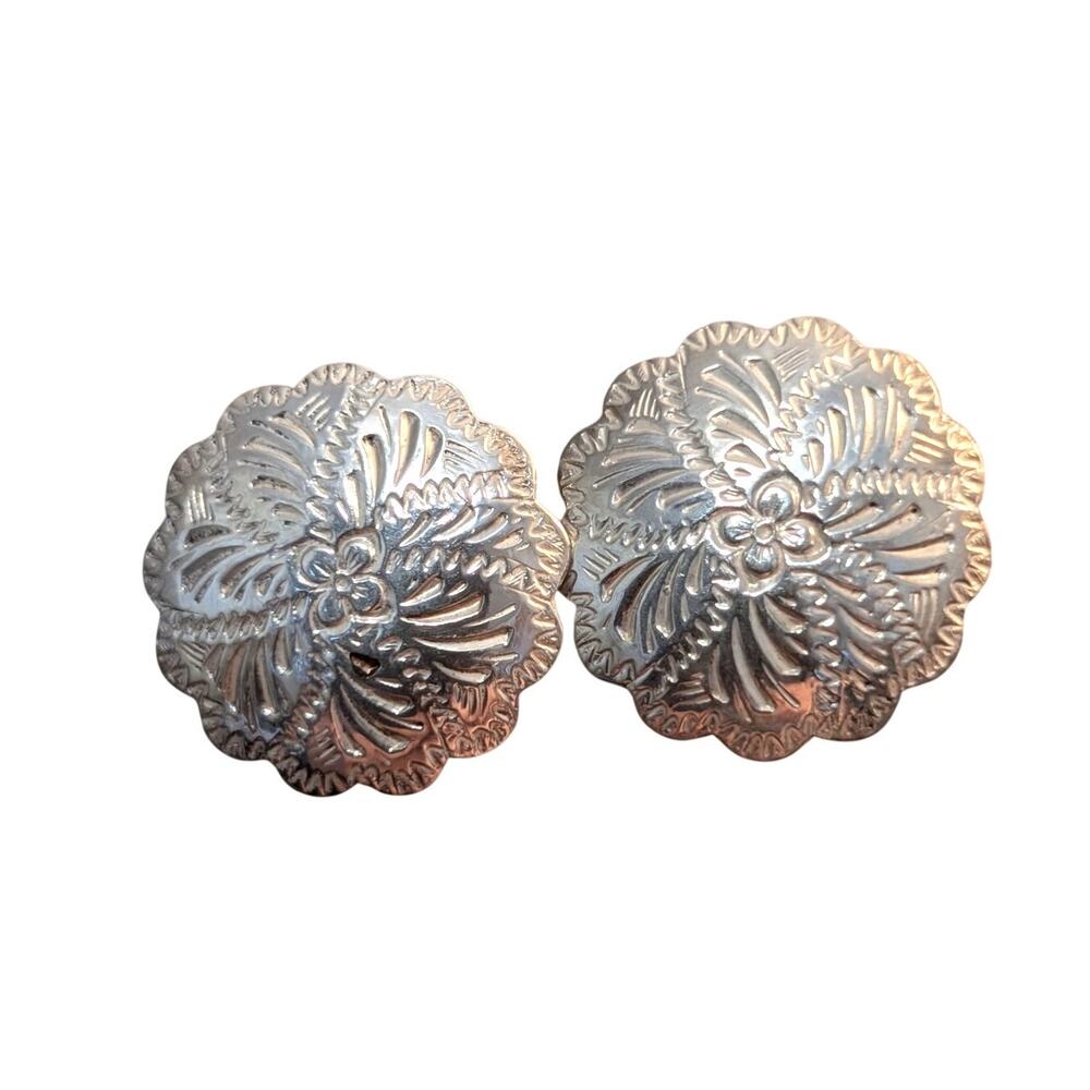 Vintage Unmarked Sterling Silver Round Floral Etched Lightweight Post Earrings